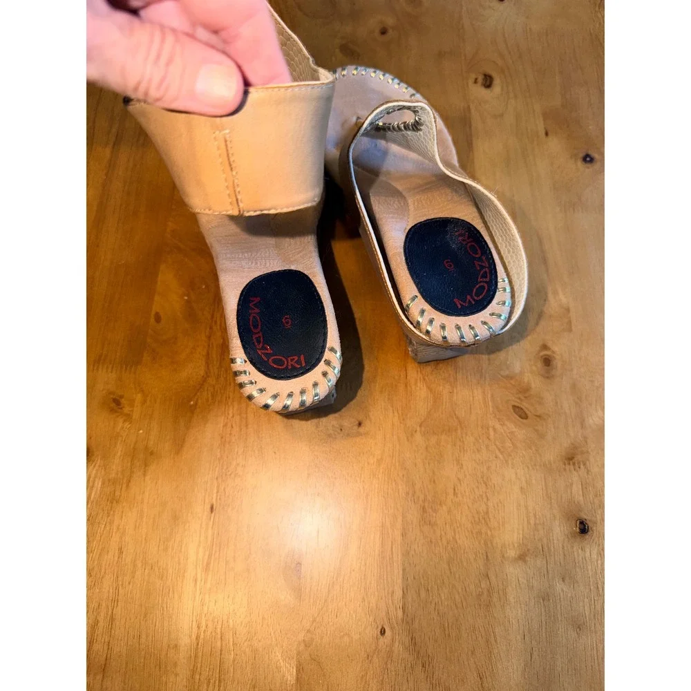 Modzori Tan Leather Whipstitch Wedge Thong Sandals Size 6 Bohemian Platform